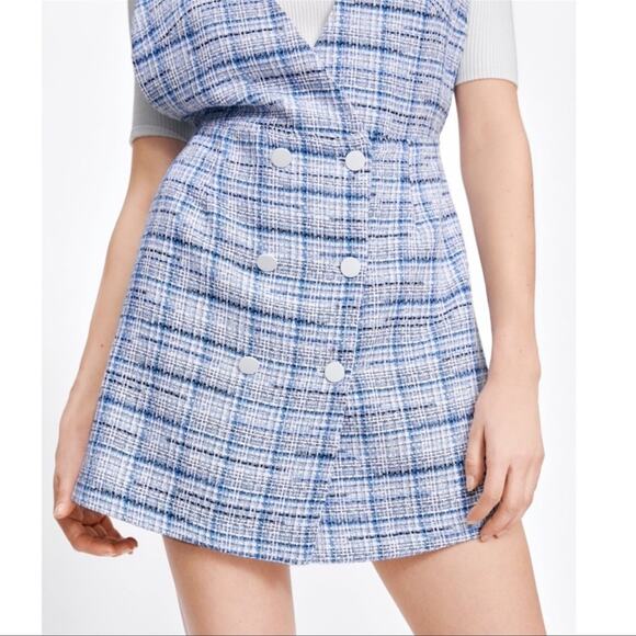 Zara Blue Overall Tweed Plaid Pinafore Mini Dress Size M - Picture 8 of 16